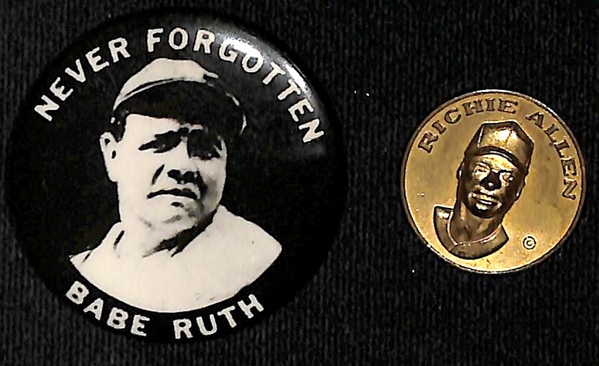  Vintage Baseball Card, Photo & Pin Lot w. Ripken Error FF Card & Babe Ruth Mirror Back Button